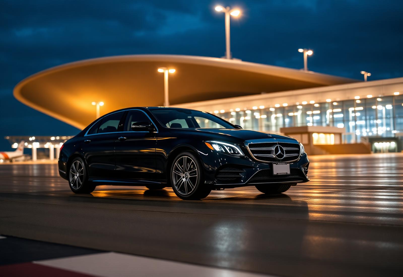 Executive Mercedes airport taxi outside a terminal at dusk